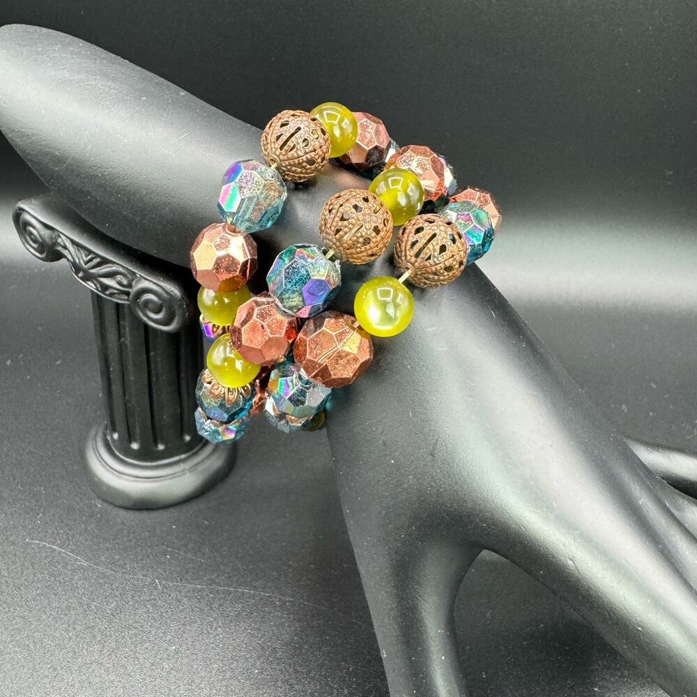 New Iridescent Multicolor Acrylic Beads 3 Pieces Elasticized Bracelet